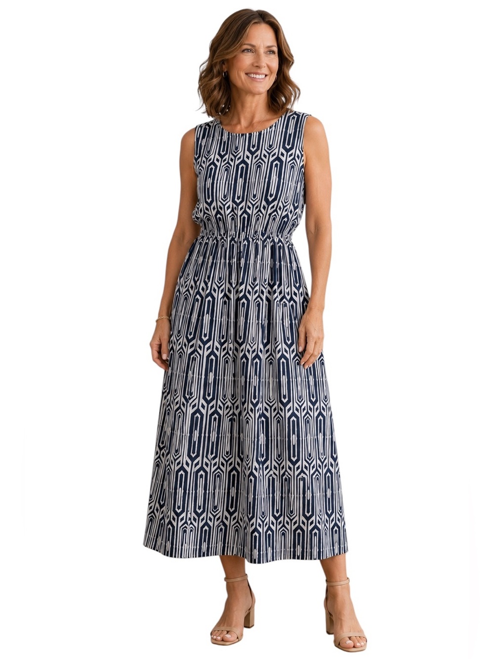 Hybrid Maxi Cotton Dress Sz M Made In Italy Geometric Pattern Summer Lightweight
